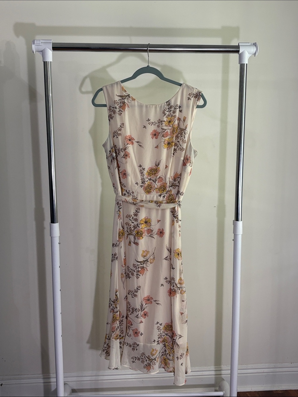 Sleeveless Cream Floral Midi Dress with Waist Tie
